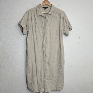 Well Worn Beige Womens Medium Linen Button Up Shirt Dress Pockets Short Sleeve